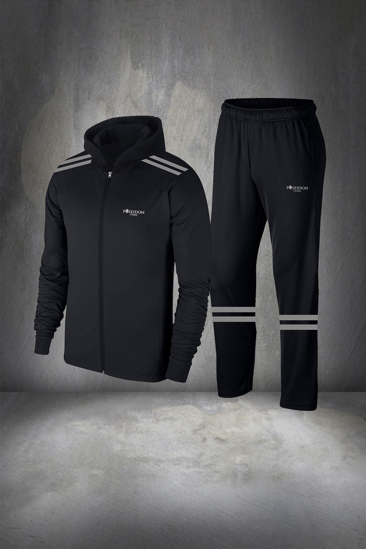 پوزایدون استورم ست لباس ورزشی راحت مردانه جدید مشکی سوپرا، پارچه شانه شده، زیپ دار، جیب دار، سایز S-3XL