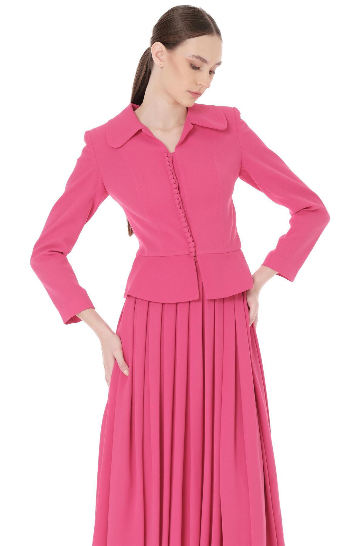 miha Hicran Önal-Fuchsia Short Jacket and Skirt Set - Altina Pleated 4