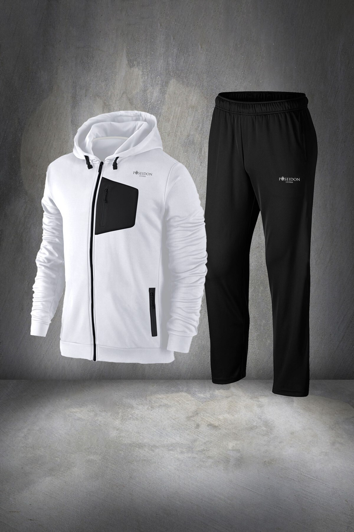 پوزایدون استورم ست لباس ورزشی مردانه جدید سفید سوپرا، نخی شانه شده، راحت، کلاه دار، سایز S-3XL