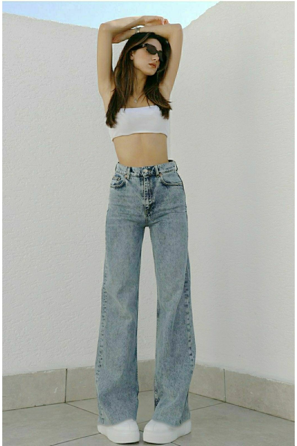 Ramrod  Julia 90's Açık Kar Yıkama Likralı Süper Yüksek Bel Salaş Jeans Palazzo Pantolon Wide Leg - Görsel 4