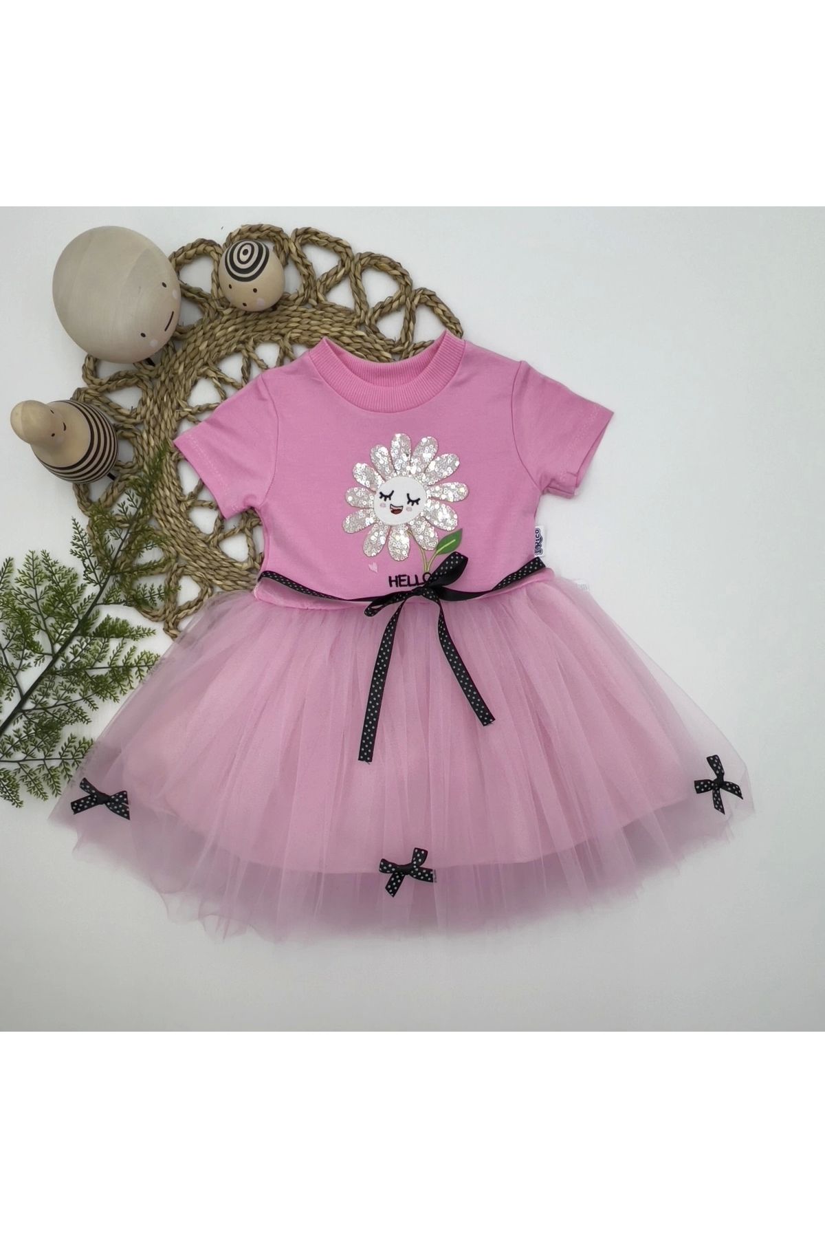 BabyBird-Pink Baby Girl Tutu Dress - Leafy Flower Embroidered and Lined 1