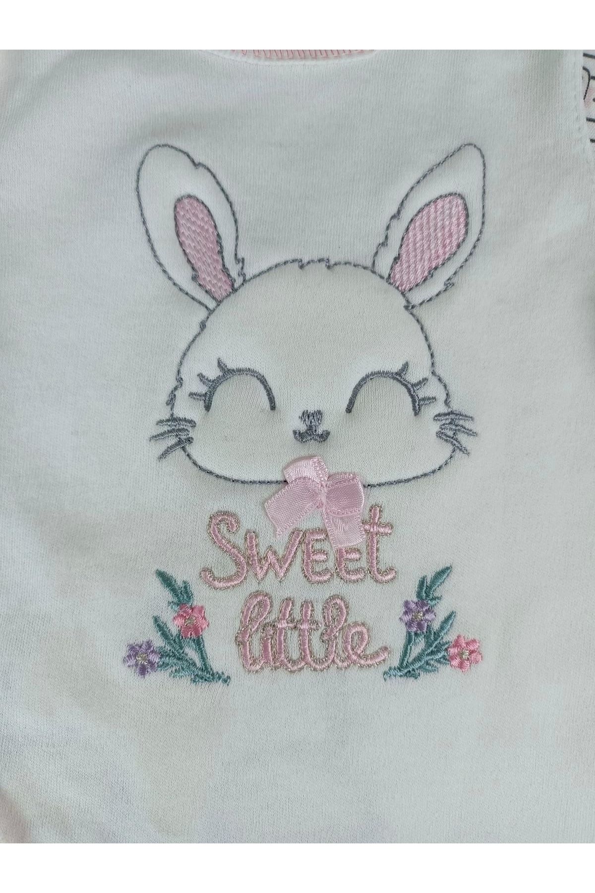 BabyBird-Ecru Little Rabbit Embroidered Baby Girl and Boy Jumpsuit - Neck Snap Closure 7