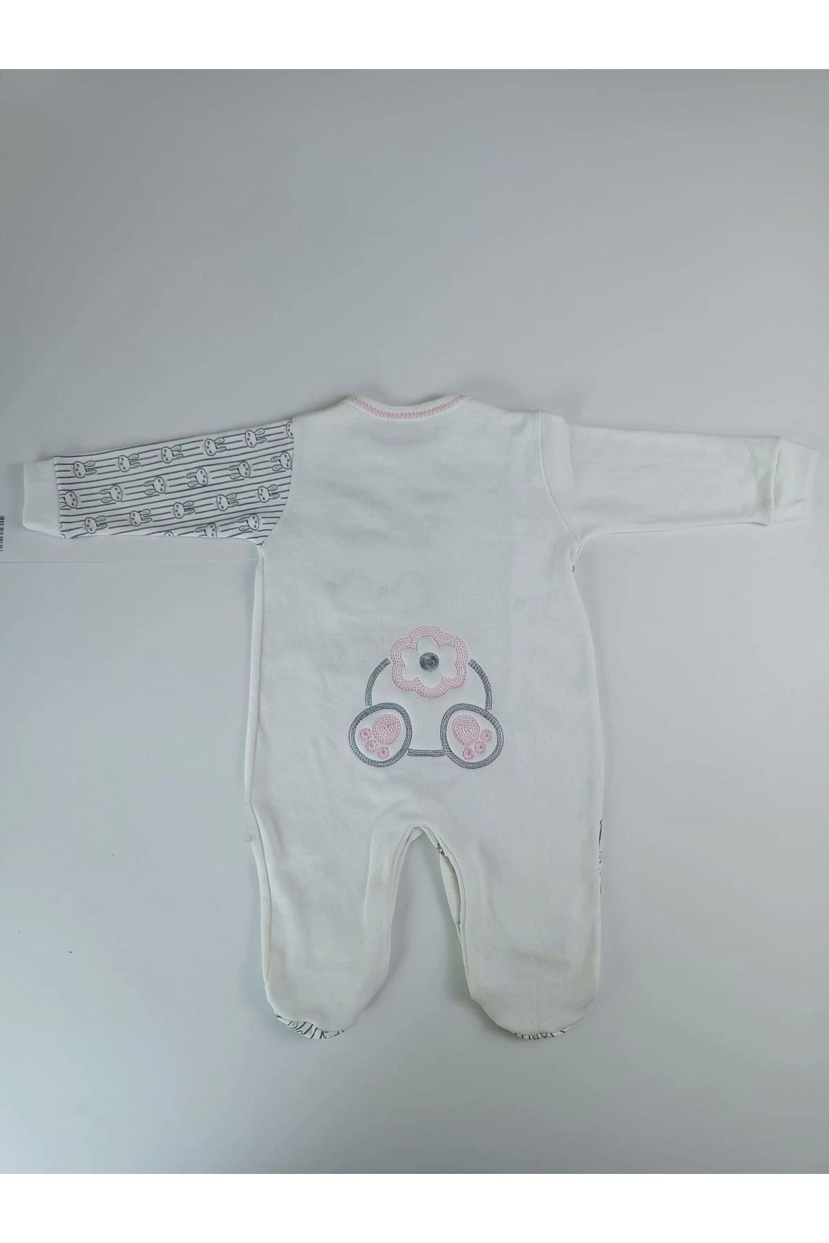 BabyBird-Ecru Little Rabbit Embroidered Baby Girl and Boy Jumpsuit - Neck Snap Closure 4