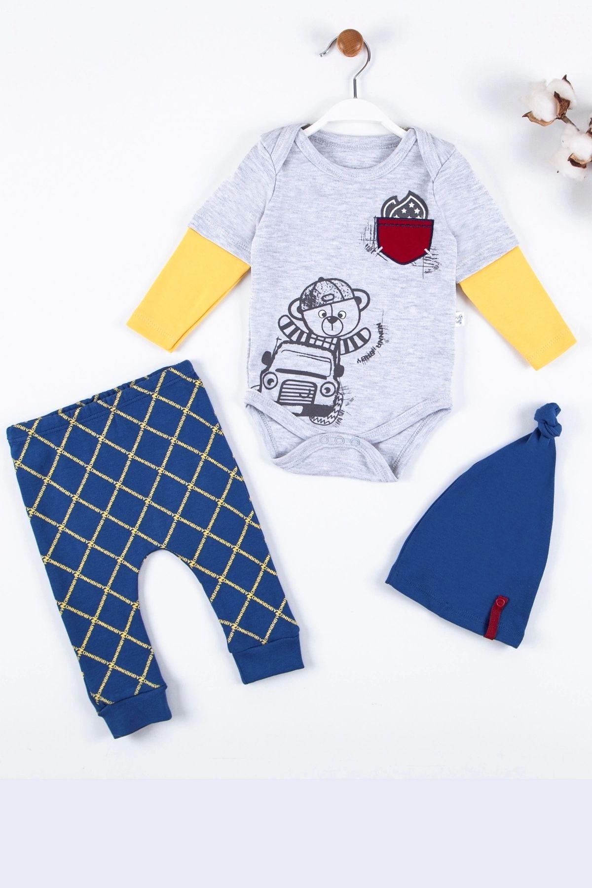 BabyBird-Pocket Embroidered Bear Patterned 3-Piece 100% Cotton Men's Set 1