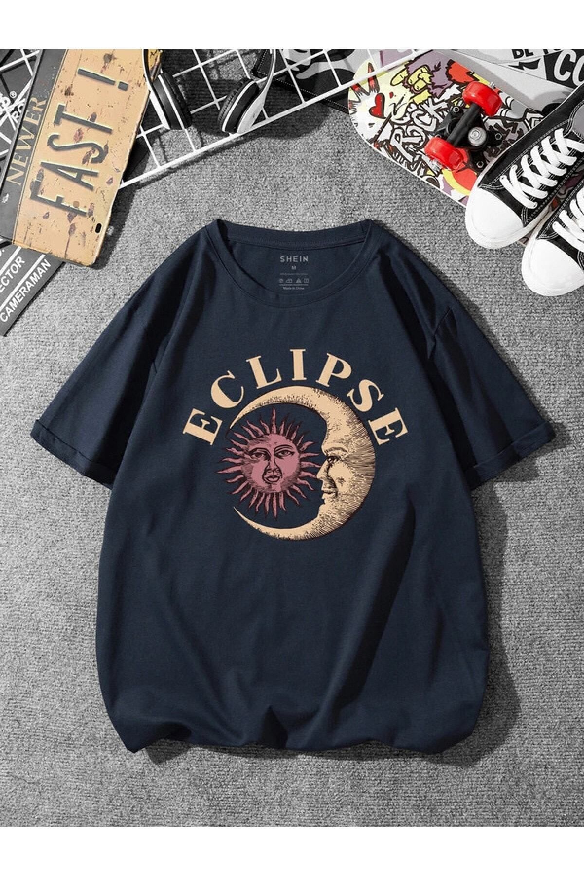 GIANTSTORE Unisex Lacivert Eclips Baskılı Oversize T-shirt
