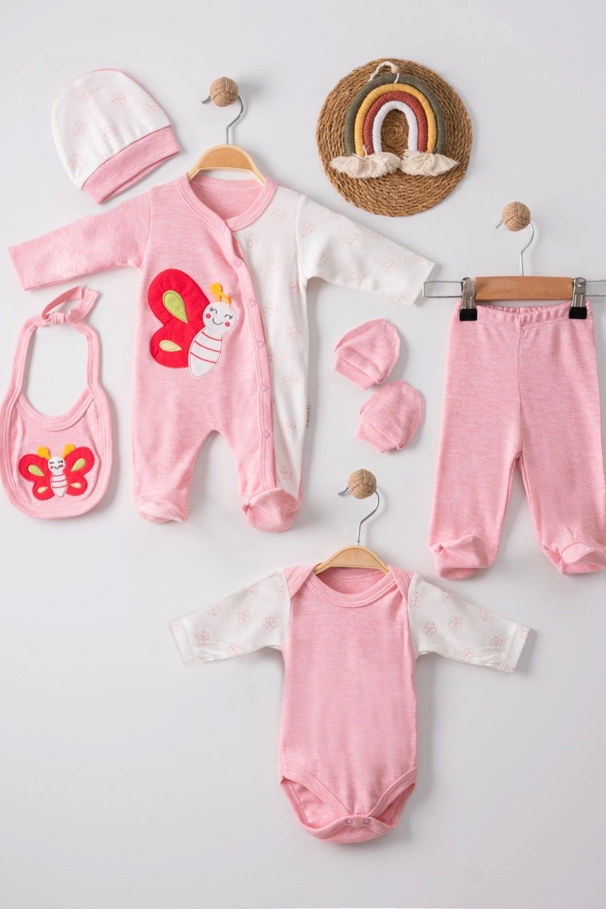 BabyBird Kelebek Nakışlı Tulumlu % 100 Pamuk Kız Bebek 5'li Set