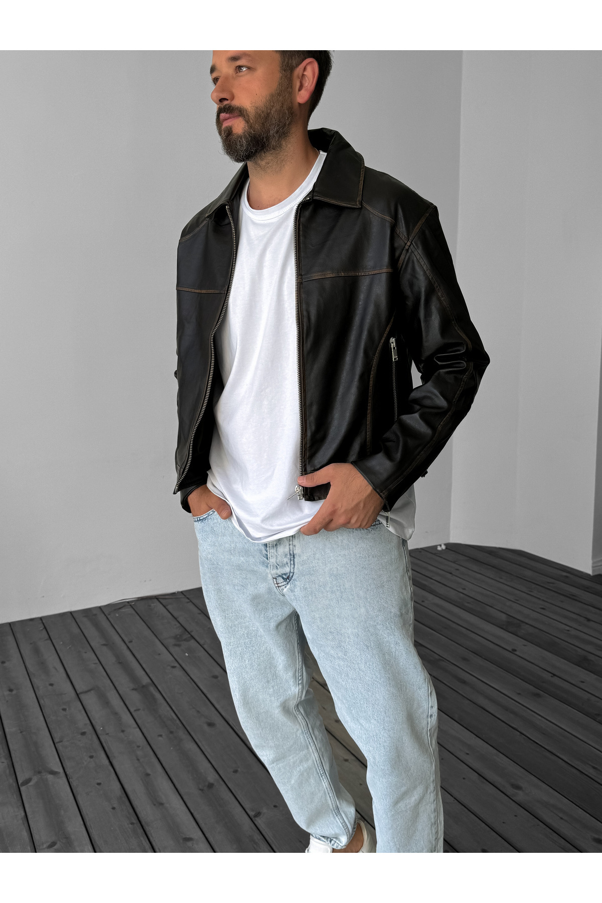 BYBASICMAN-Tan Wash Patterned Leather Jacket G-5505 5