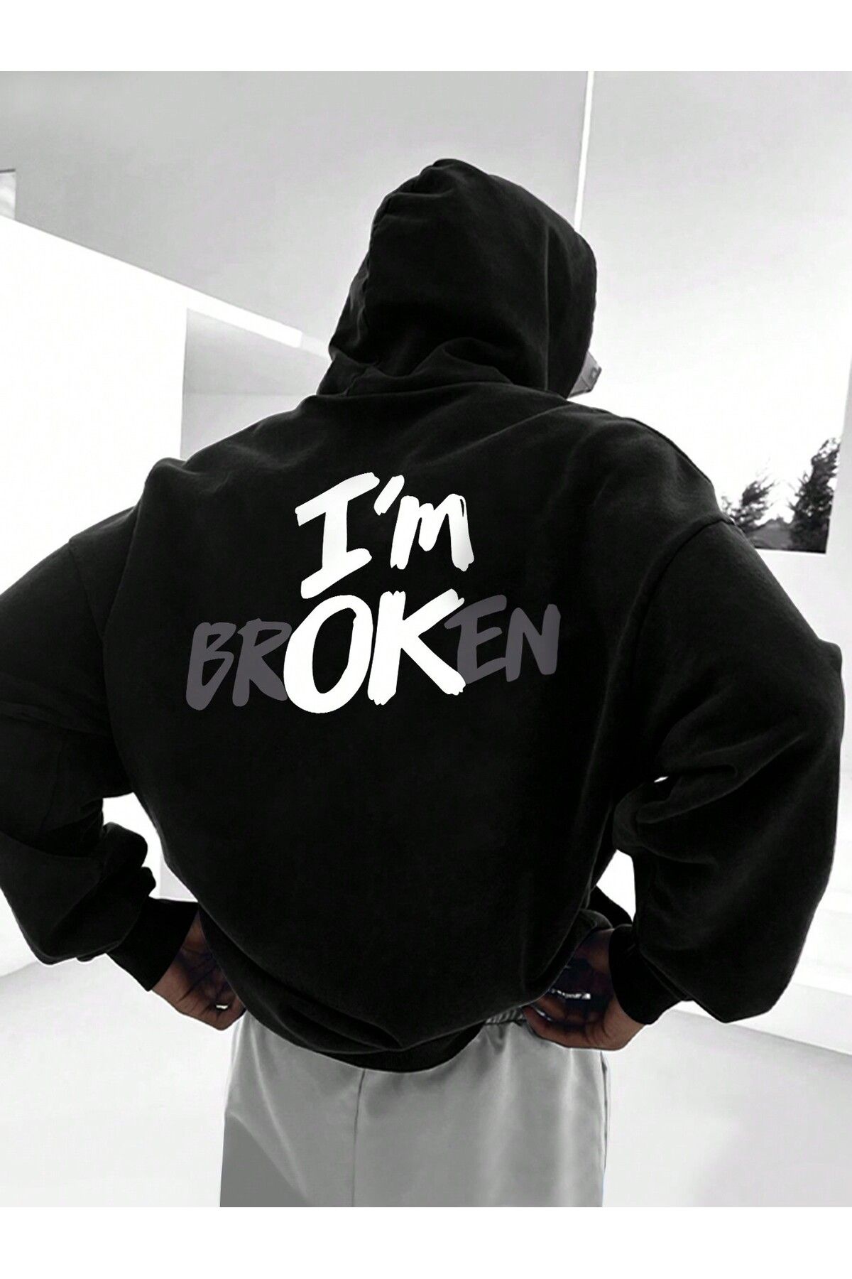 LUNAVISTA-I'M Fine - I'M Broken Black Oversize Hooded Sweatshirt Hoodie 1