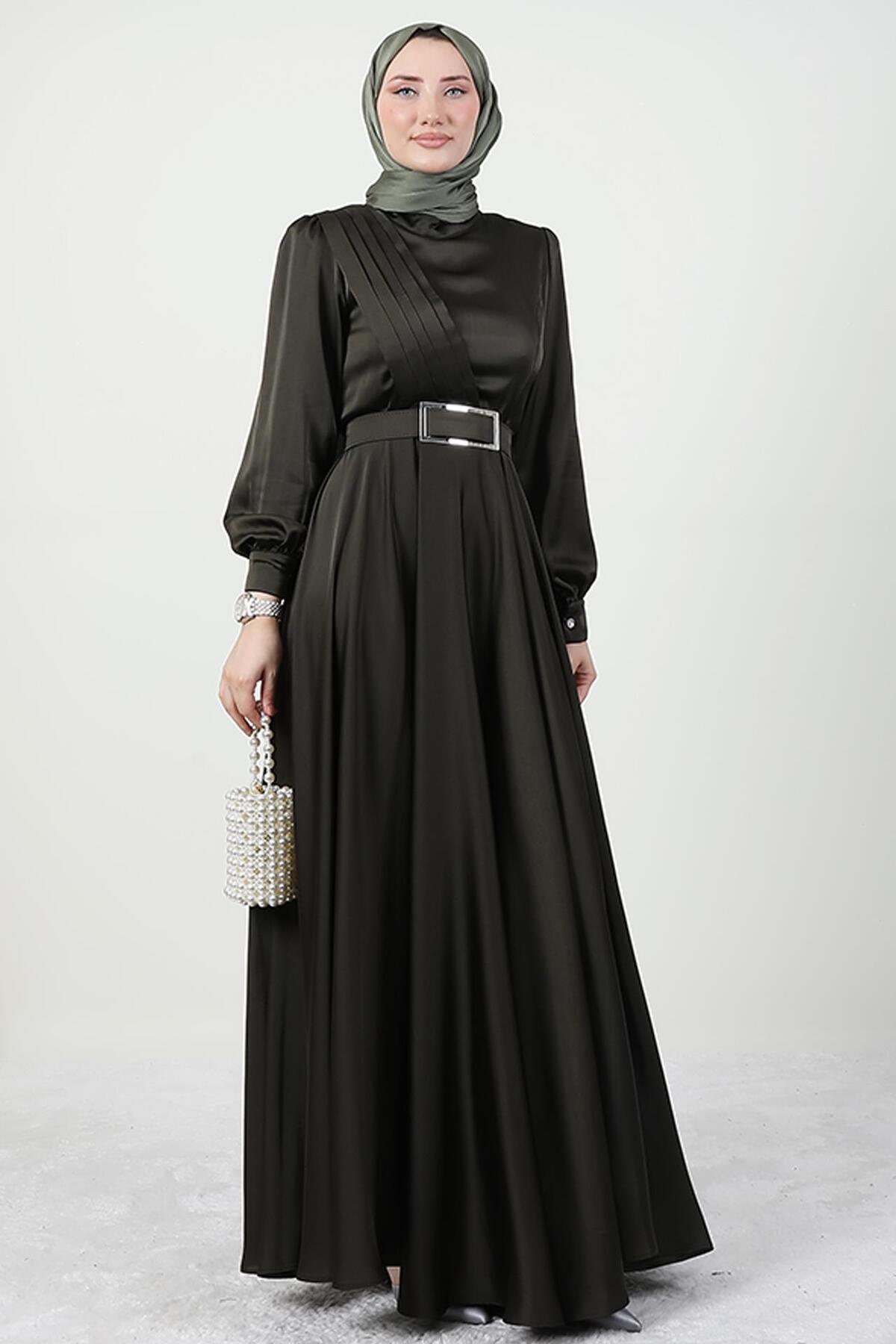 Pleated Front Modest Evening Dress Khaki