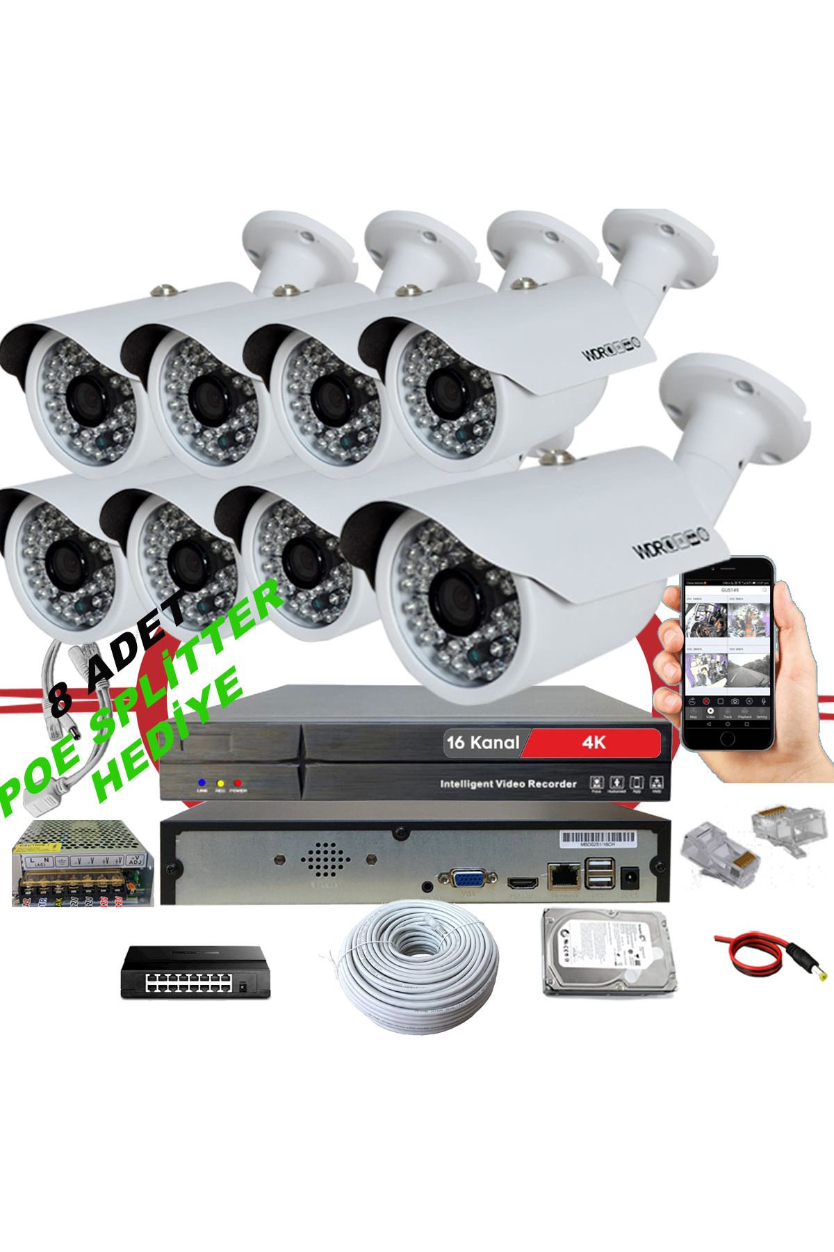 8' Li 5 Mp 1940p Sensör 6 Mp Sony Lens 16 Ch Nvr Ile Metal Kasa Ip Güvenlik Kamerası Seti_bs 748ıp