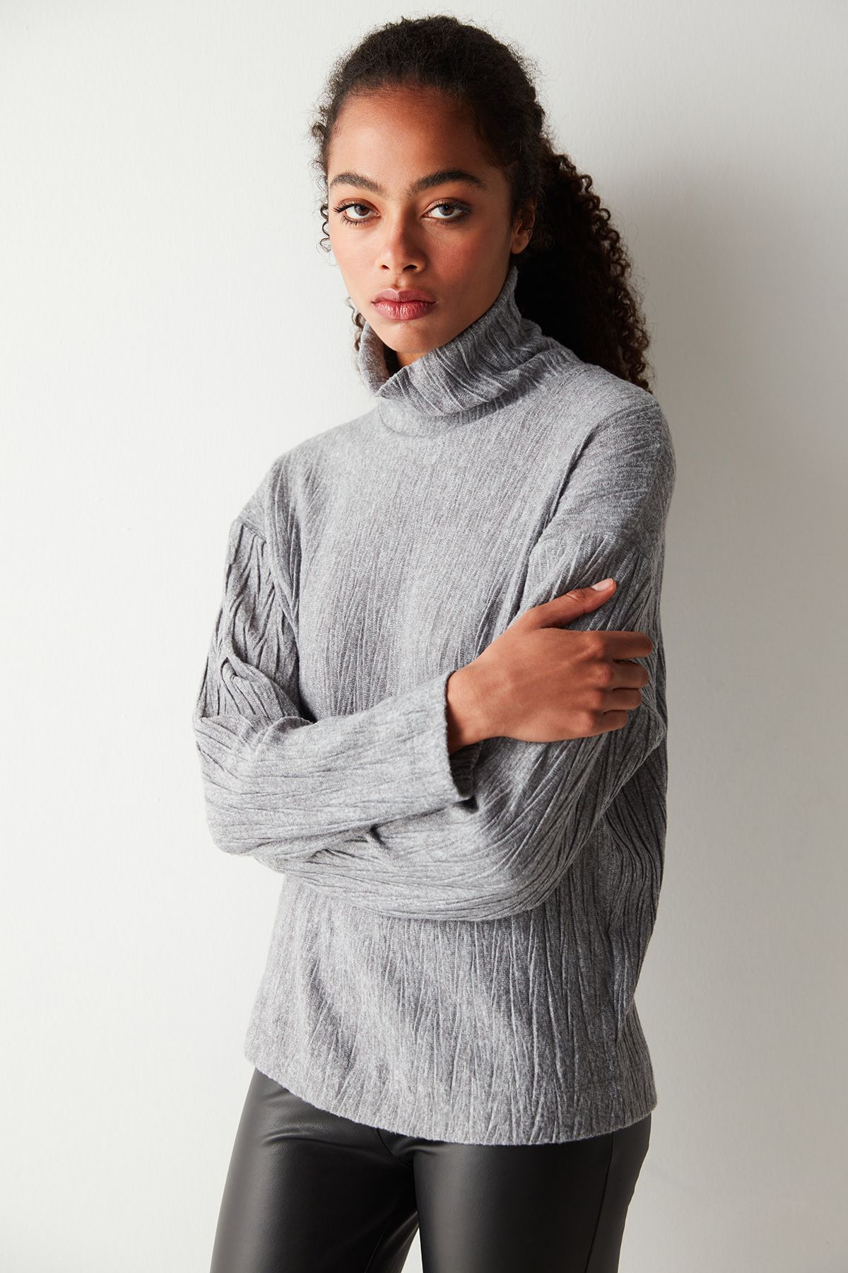 Penti-Gray Turtleneck Textured Long Sleeve Top 1