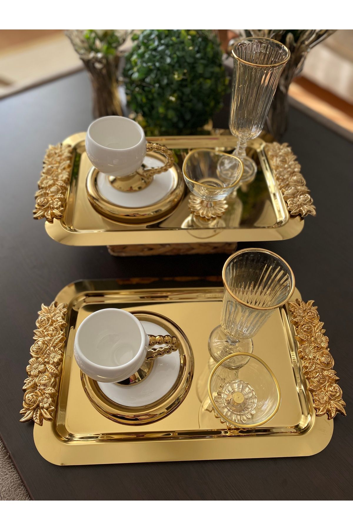 atabey home collection-2 Pcs Coffee & Tea & Presentation Tray Long Gold Rose Tray 30 cm 1