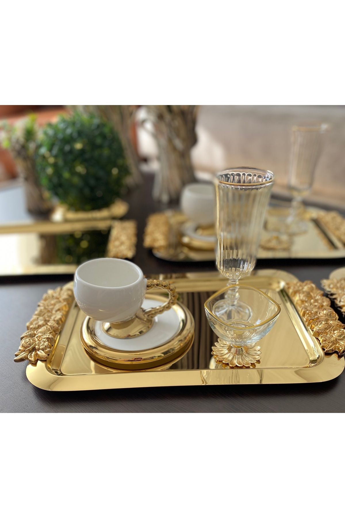 atabey home collection-2 Pcs Coffee & Tea & Presentation Tray Long Gold Rose Tray 30 cm 6