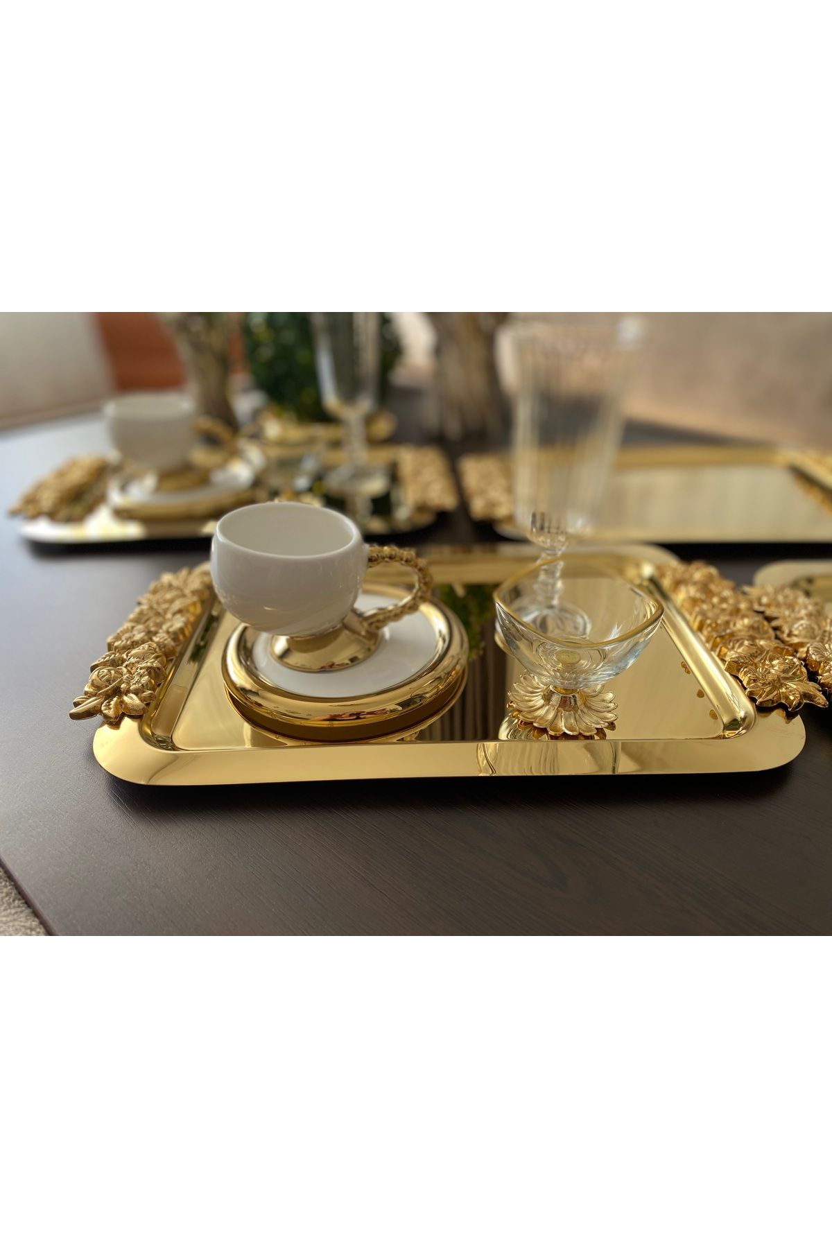 atabey home collection-2 Pcs Coffee & Tea & Presentation Tray Long Gold Rose Tray 30 cm 2