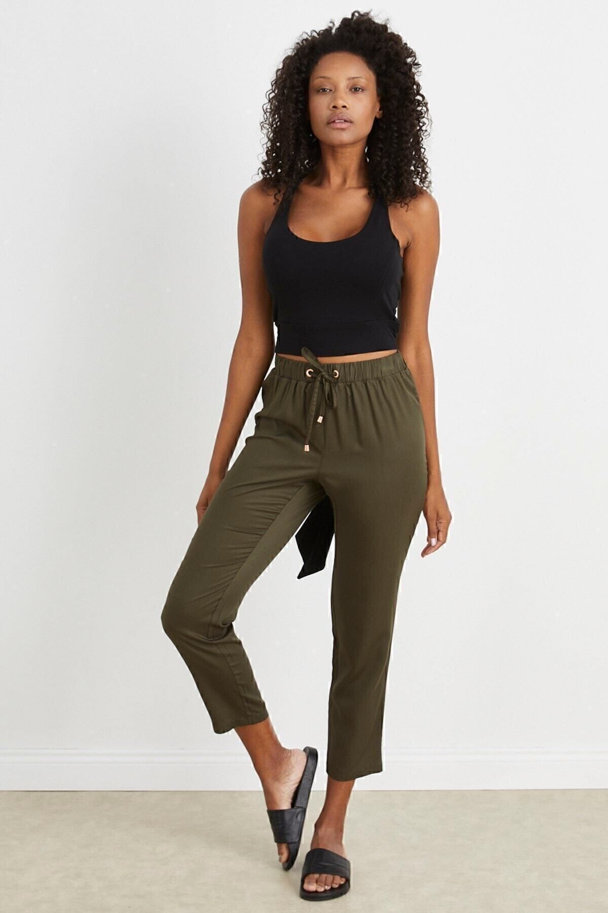 Curly-Khaki Skinny Leg Woven Trousers 1