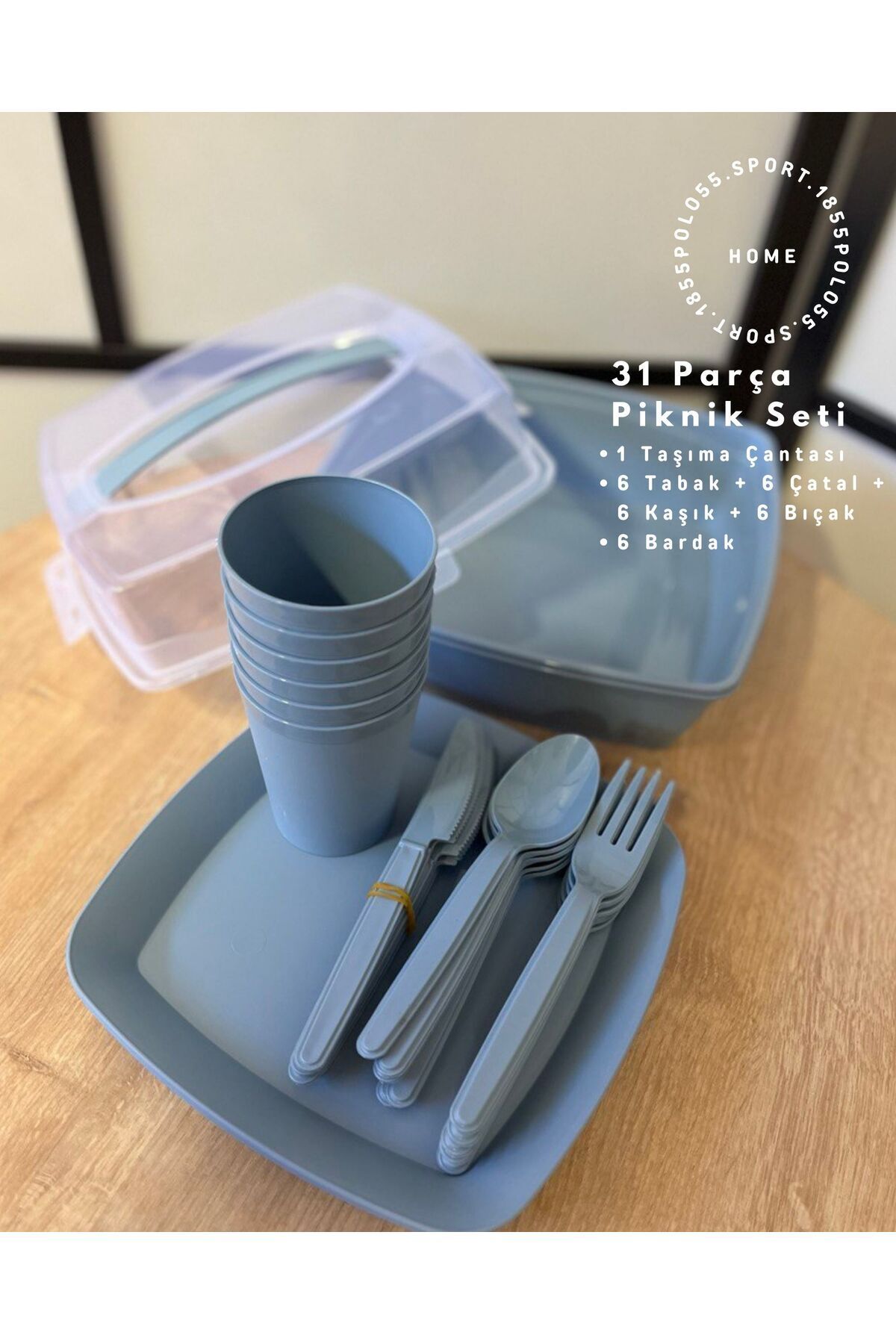 DENS Mavi 31 Parça Piknik Seti (6 Bardak, 6 Çatal, 6 Bıçak, 6 Tabak, 6 Kaşık, 1 Taşıma Çantası)