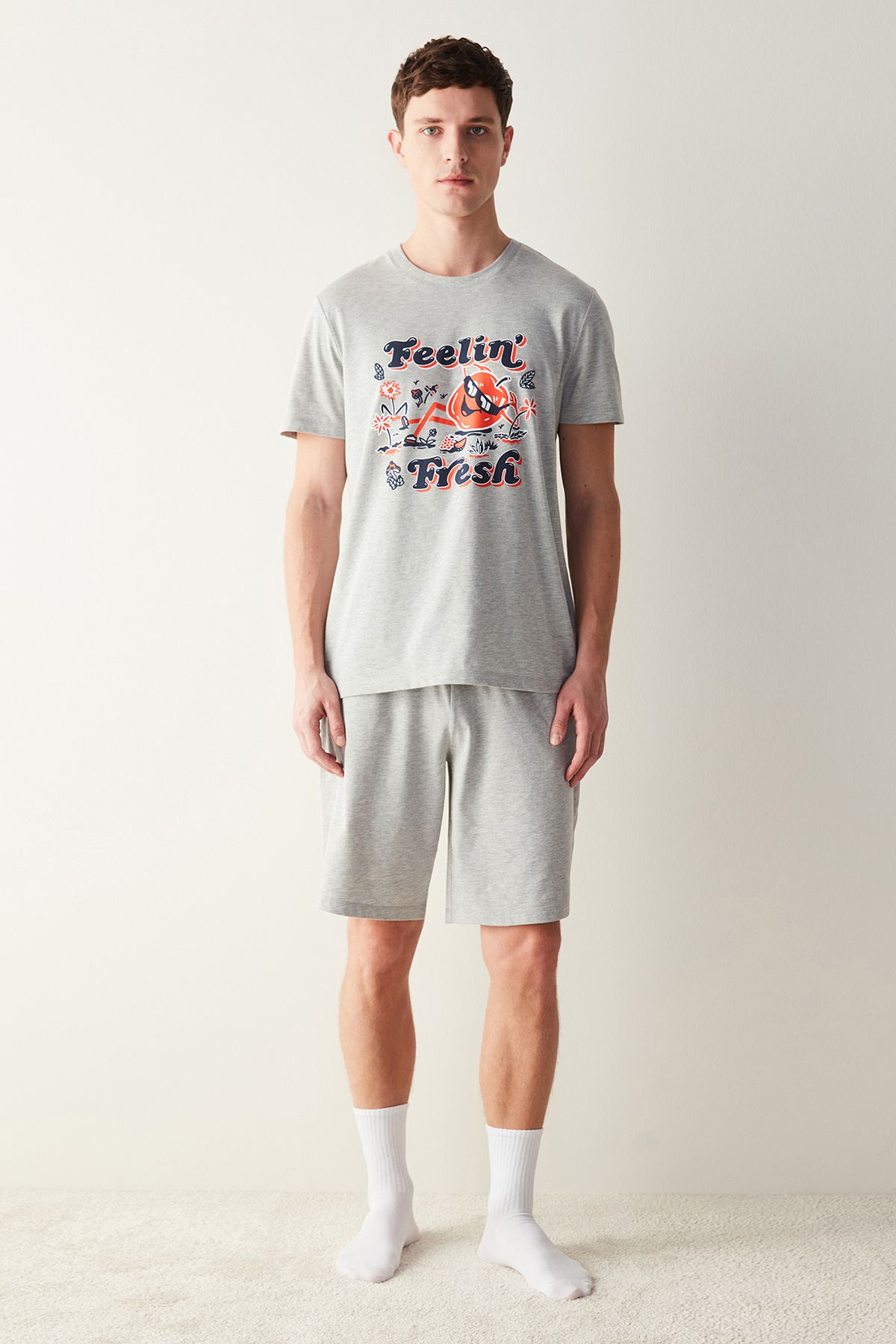 Penti Set De Pijama Cu Pantaloni Scurți Fresh Grey Melange Masculin - S