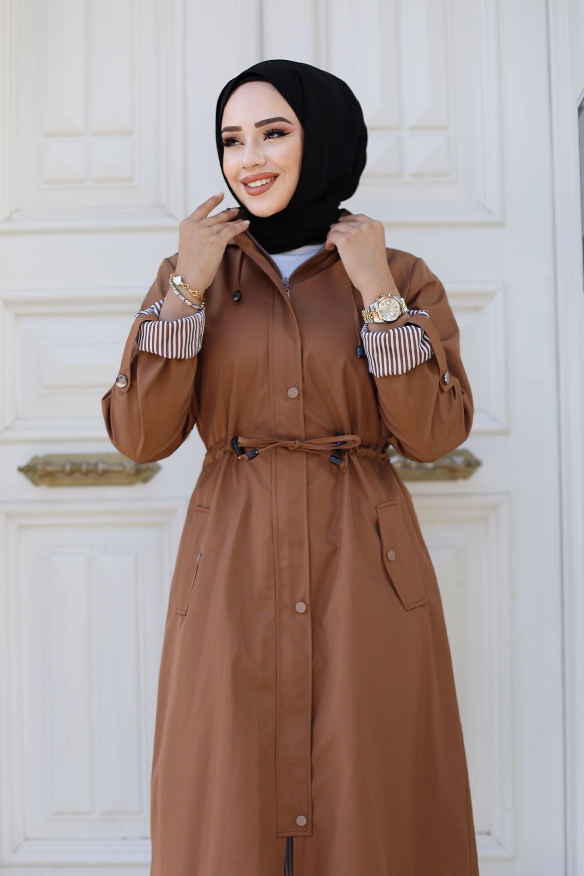 Tesettür Dünyası-Trench Coat - Front Snap, Striped, Brown Tsd 240926 2