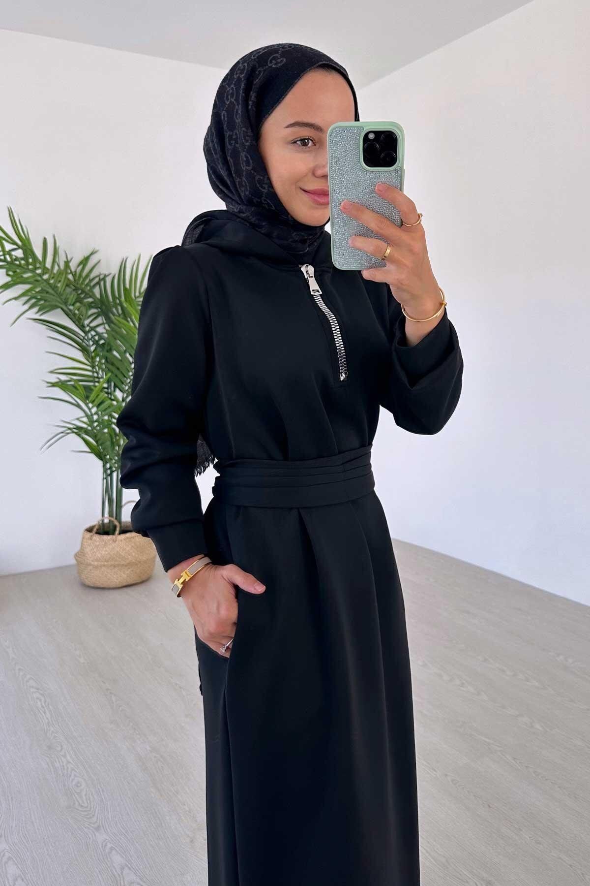 Ka Hijab-Zipper Detail Hooded Scuba Dress - Black 4