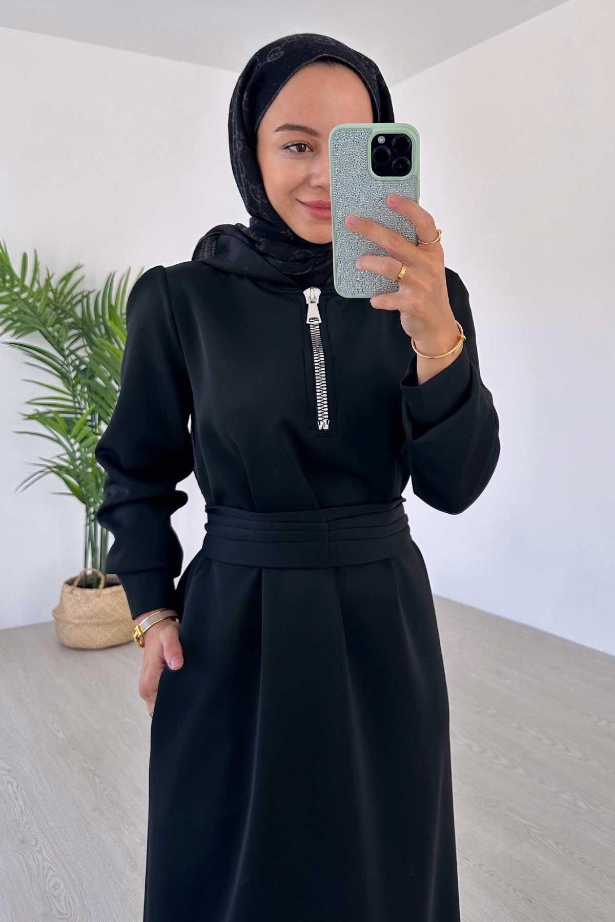 Ka Hijab-Zipper Detail Hooded Scuba Dress - Black 3