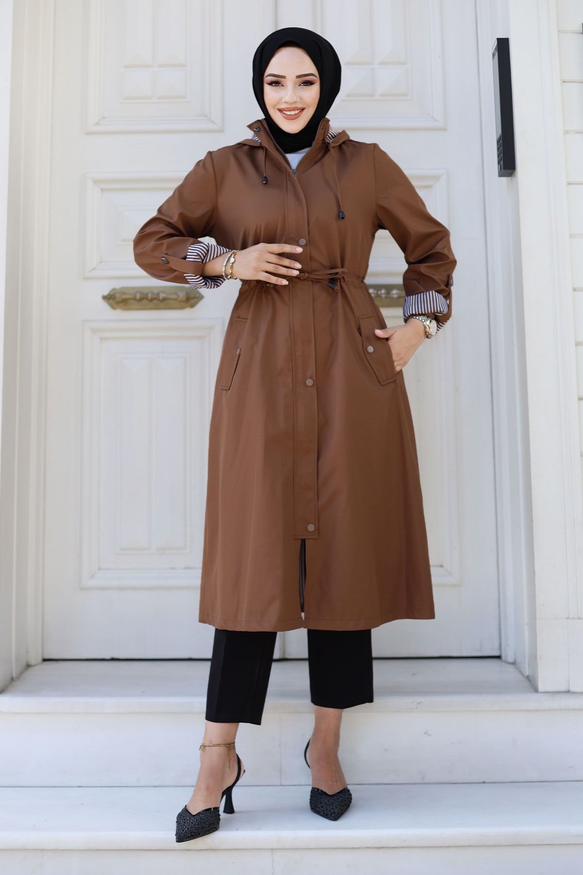 Tesettür Dünyası-Trench Coat - Front Snap, Striped, Brown Tsd 240926 1