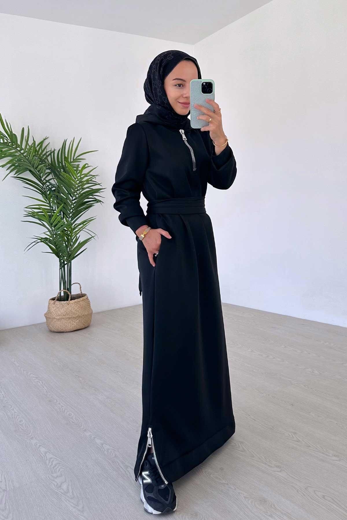 Ka Hijab-Zipper Detail Hooded Scuba Dress - Black 2