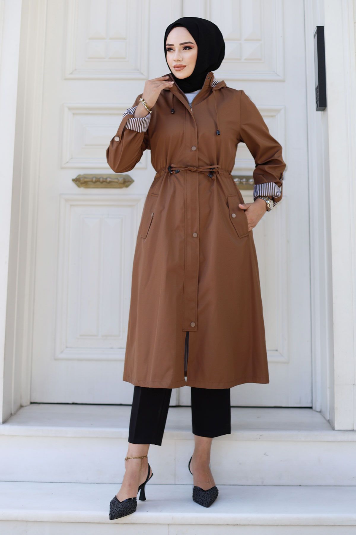 Tesettür Dünyası-Trench Coat - Front Snap, Striped, Brown Tsd 240926 4