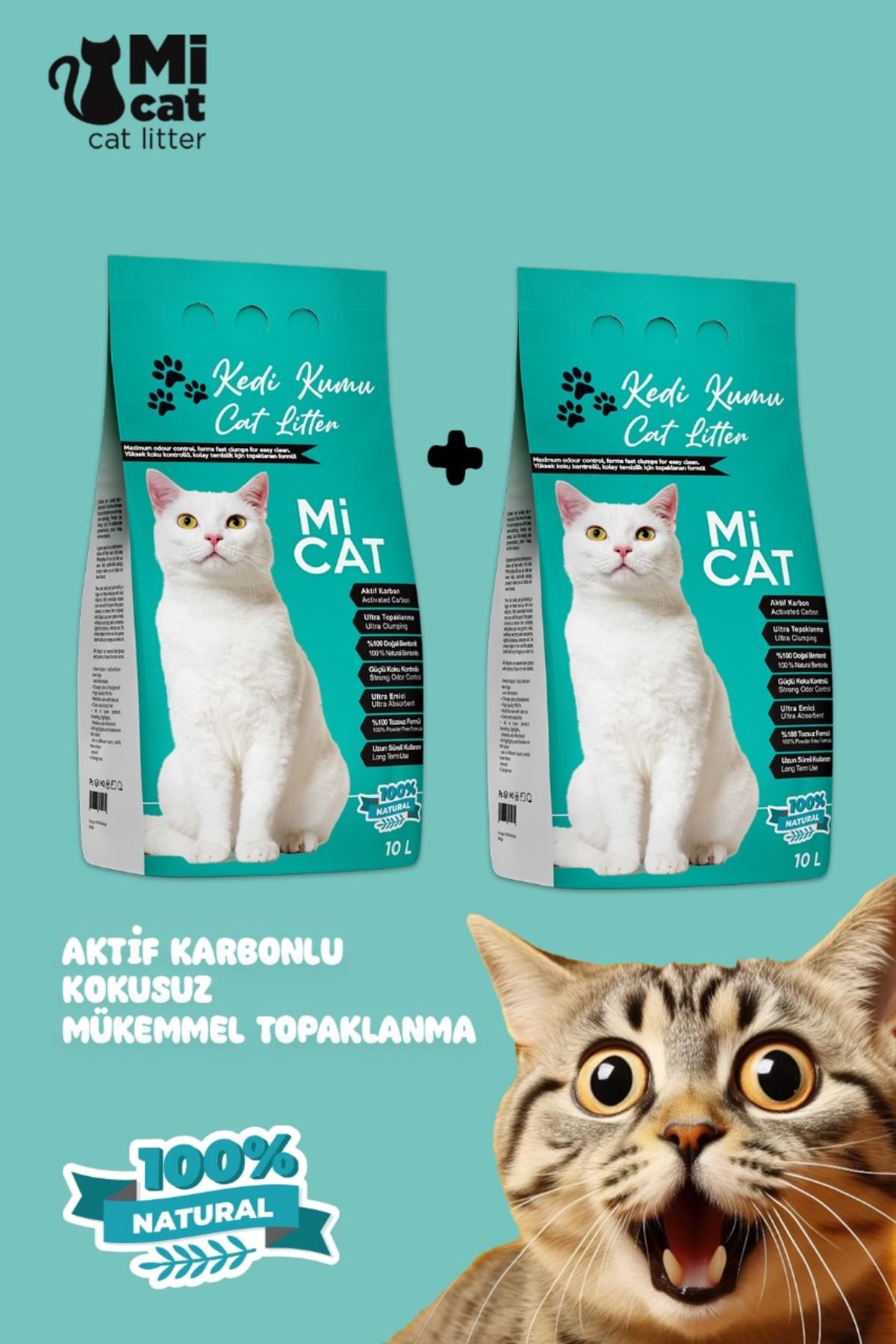 Mİ CAT 2x10 L Aktif Karbonlu Kokusuz Doğal Bentonit Kedi Kumu Süper Topaklanan Ve Tozsuz