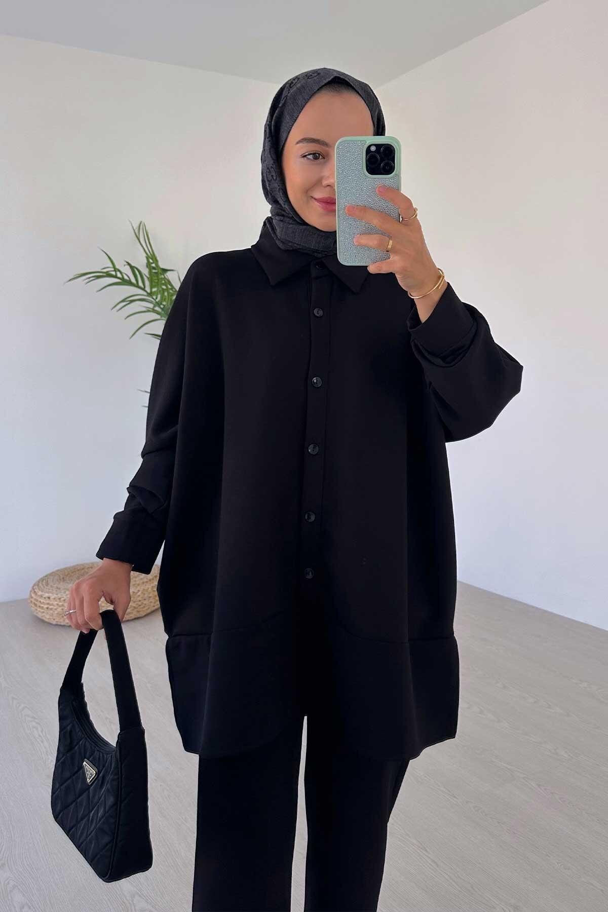 Ka Hijab-Black Modal Shirt Collar Side Slit Set 2