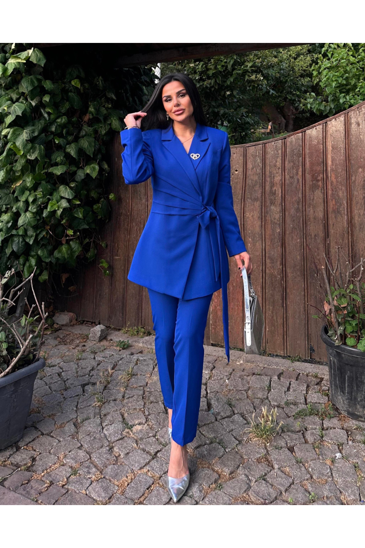 pembekurdelem Kadın Bağlamalı Ceket Pantolon Takım Saks Mavi