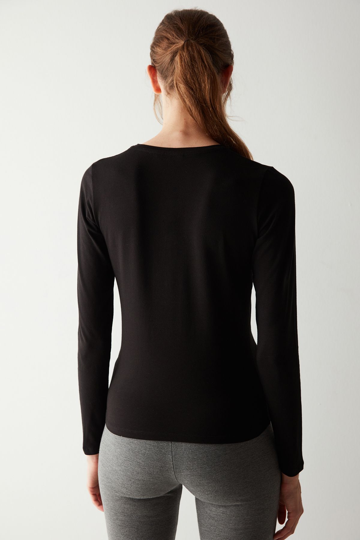 Penti-Cotton V-Neck Basic Black Long Sleeve Top 4