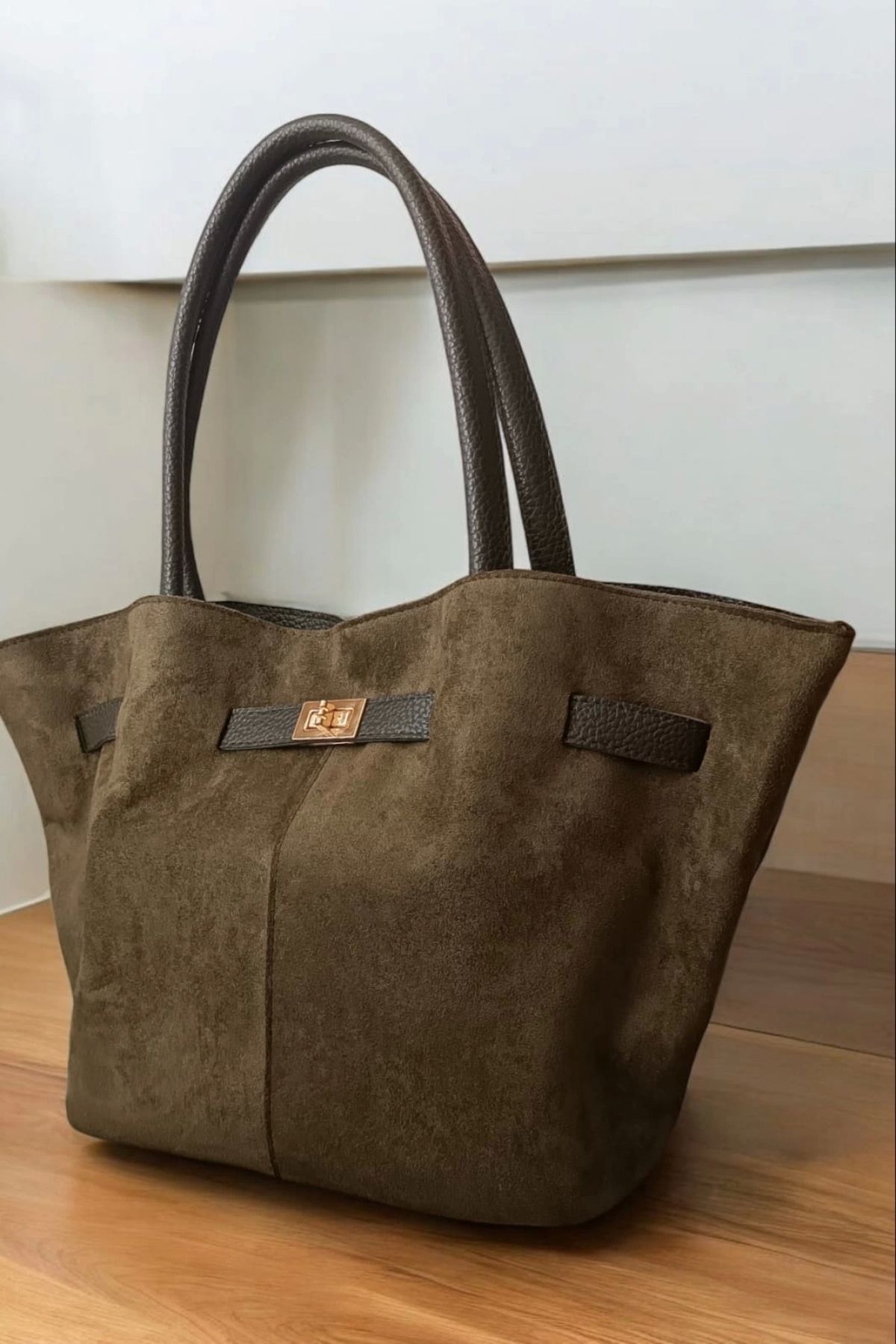Glemix Lucia Khaki Suede Nubuck Faux Leather - Geantă De Mână Și De Umăr Pentru Femei Cu Curea Încrucișată Magnetică Femeie - Mărime unică