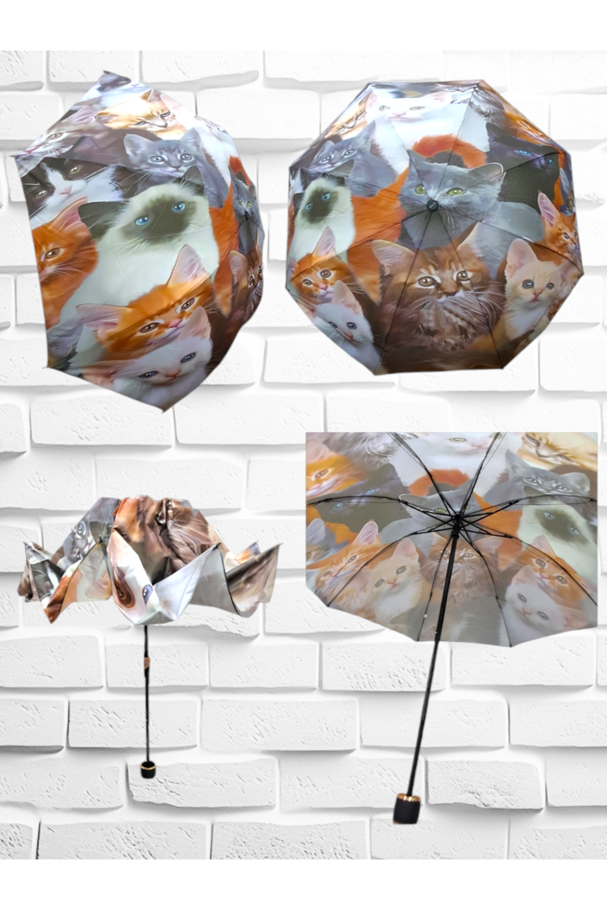 Umbrella Kedi Desenli 8 Telli Yarasa Model Manuel Rüzgara Dayanıklı
