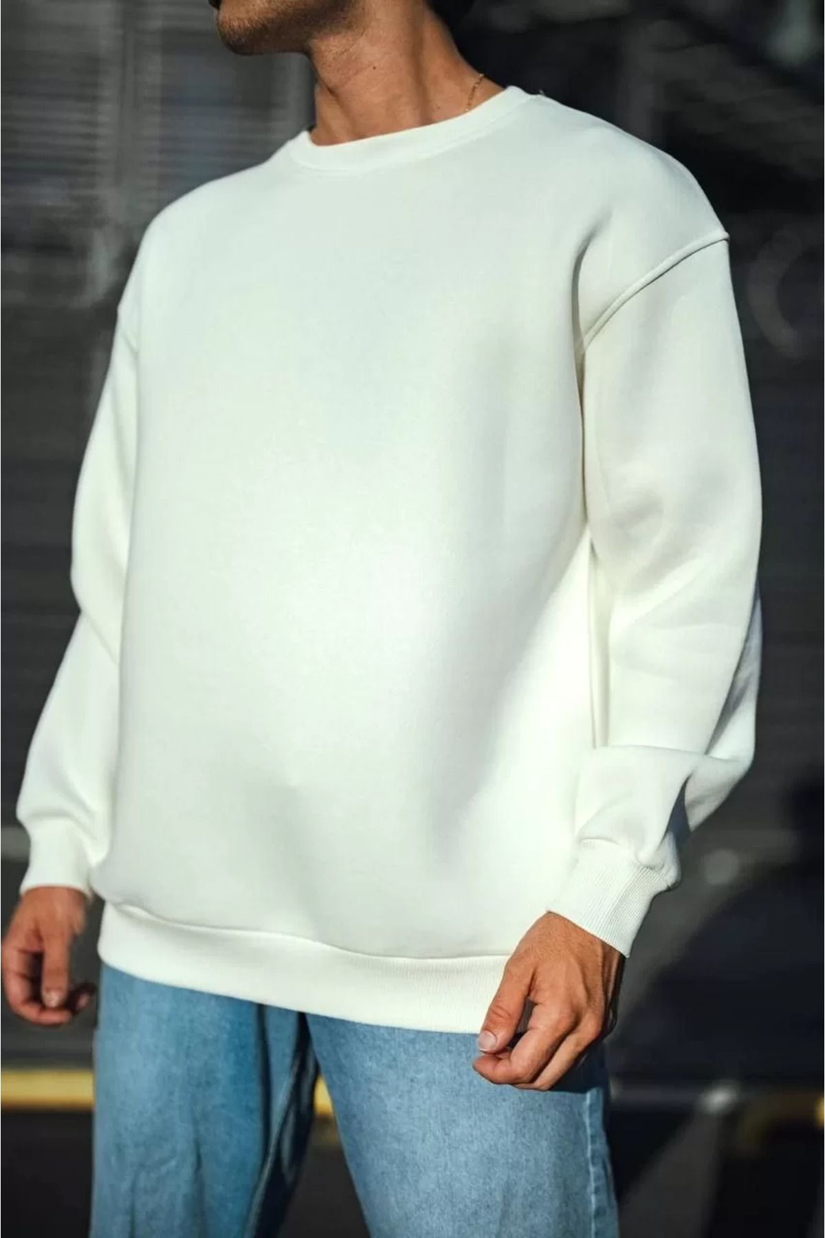 SA Alişveriş Dünyam Kışlık Bisiklet Yaka Üç İplik Basic SweatShirt - Beyaz