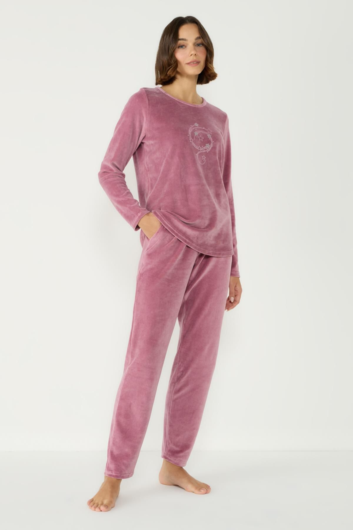 C&City-Pink Velvet Crew Neck Long Sleeve Pajama Set - 403080 2