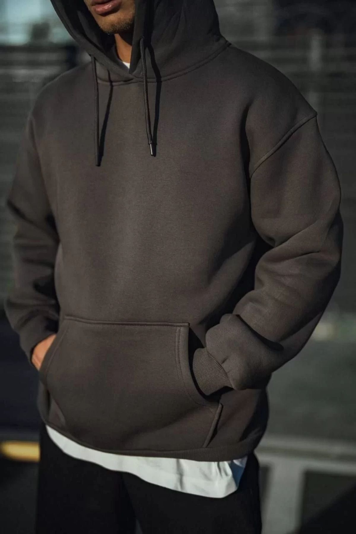 SA Alişveriş Dünyam Üç İplik Penye Kapşonlu Basic SweatShirt - Füme
