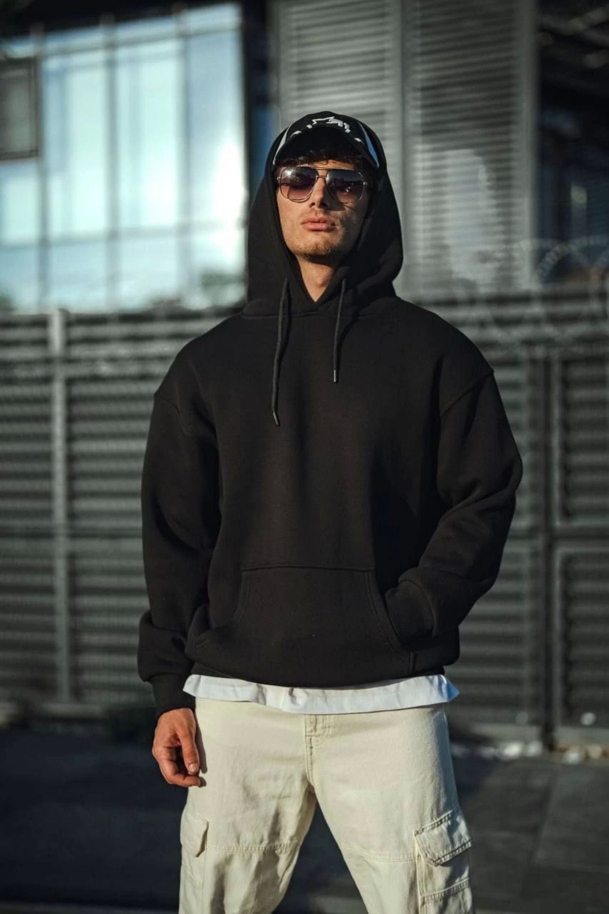 Pink Stil Üç İplik Penye Kapşonlu Basic SweatShirt - Siyah Pink Stil
