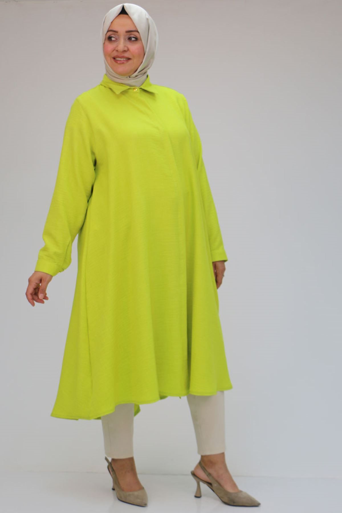 Eslina-38038 Large Size Lemon Green Linen Tunic - Mevlana Shirt 4