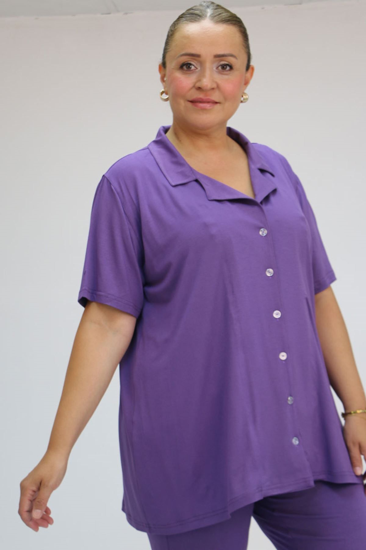 Eslina-37801 Plus Size Viscose Pajama Set - Buttoned and Assorted - Lilac 2