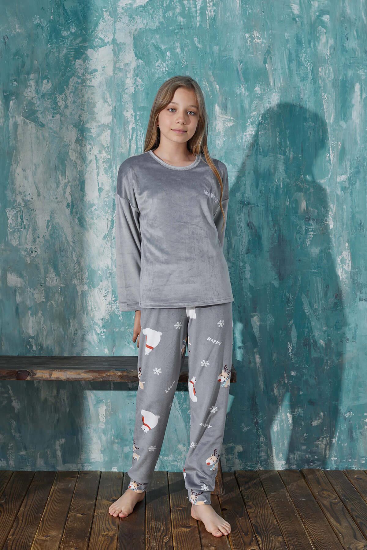 Pijamaevi-Gray Happy Patterned Exclusive Velvet Girl's Pajama Set 4