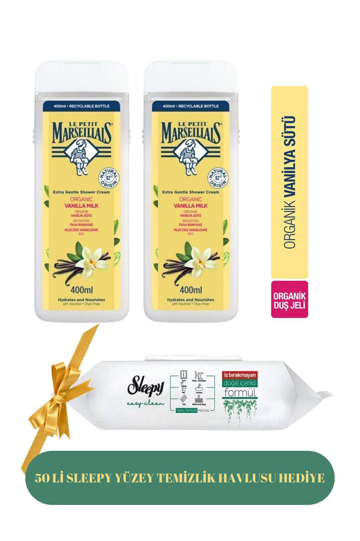 Le Petit Marseillais Duş Jeli 2 x 400ml + Sleepy 50'li Yüzey Temizlik Havlusu Hediye Seti