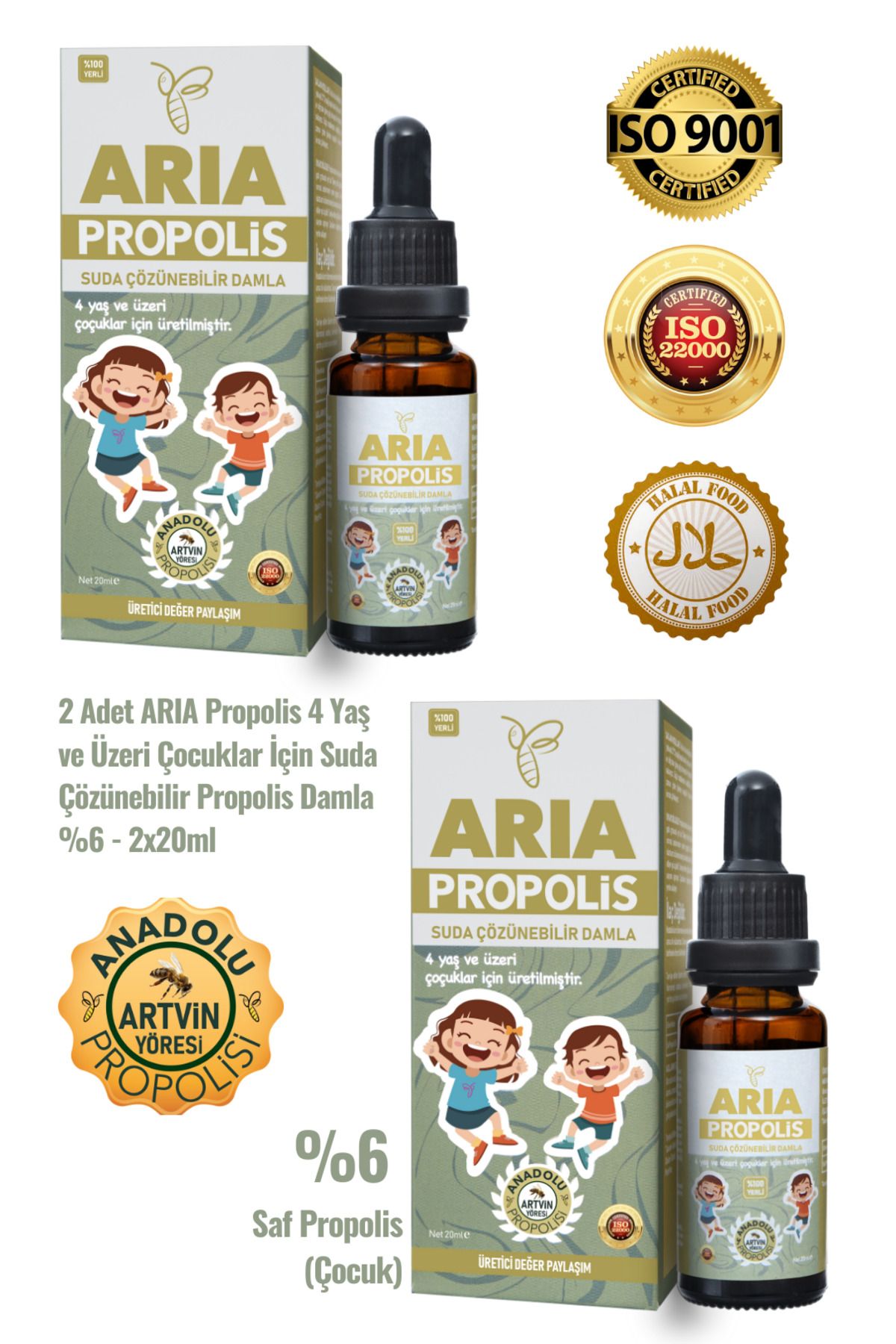 ARIA Propolis 2 Adet 4 Yaş ve Üzeri Çocuklar İçin Suda Çözünebilir Propolis Damla %6 - 2x20ml