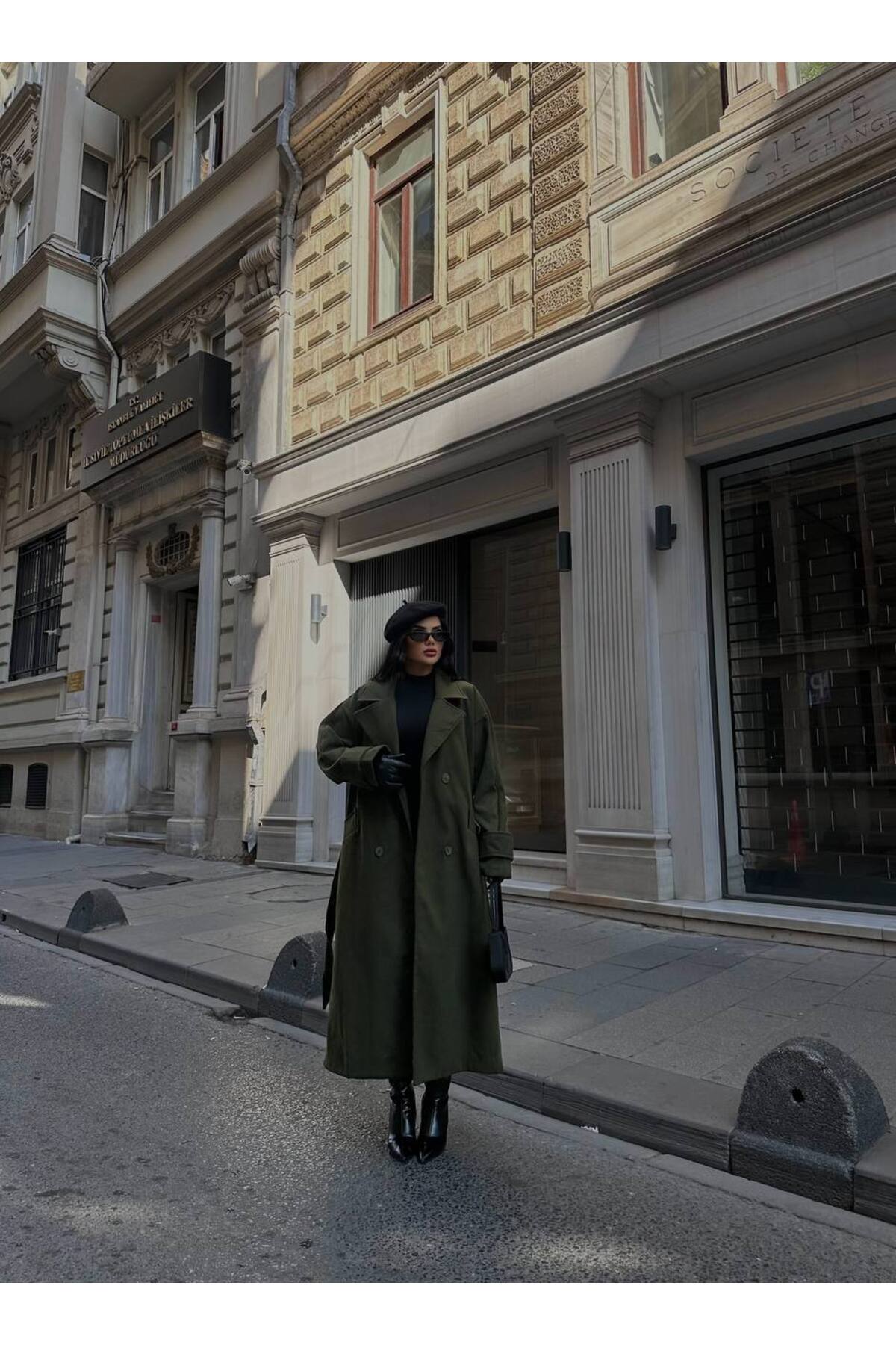 LB Laluna Butik Kadın Manşet Detaylı Kemerli Uzun Kaşe Kaban Palto Oversize Rahat Kesim görsel 3