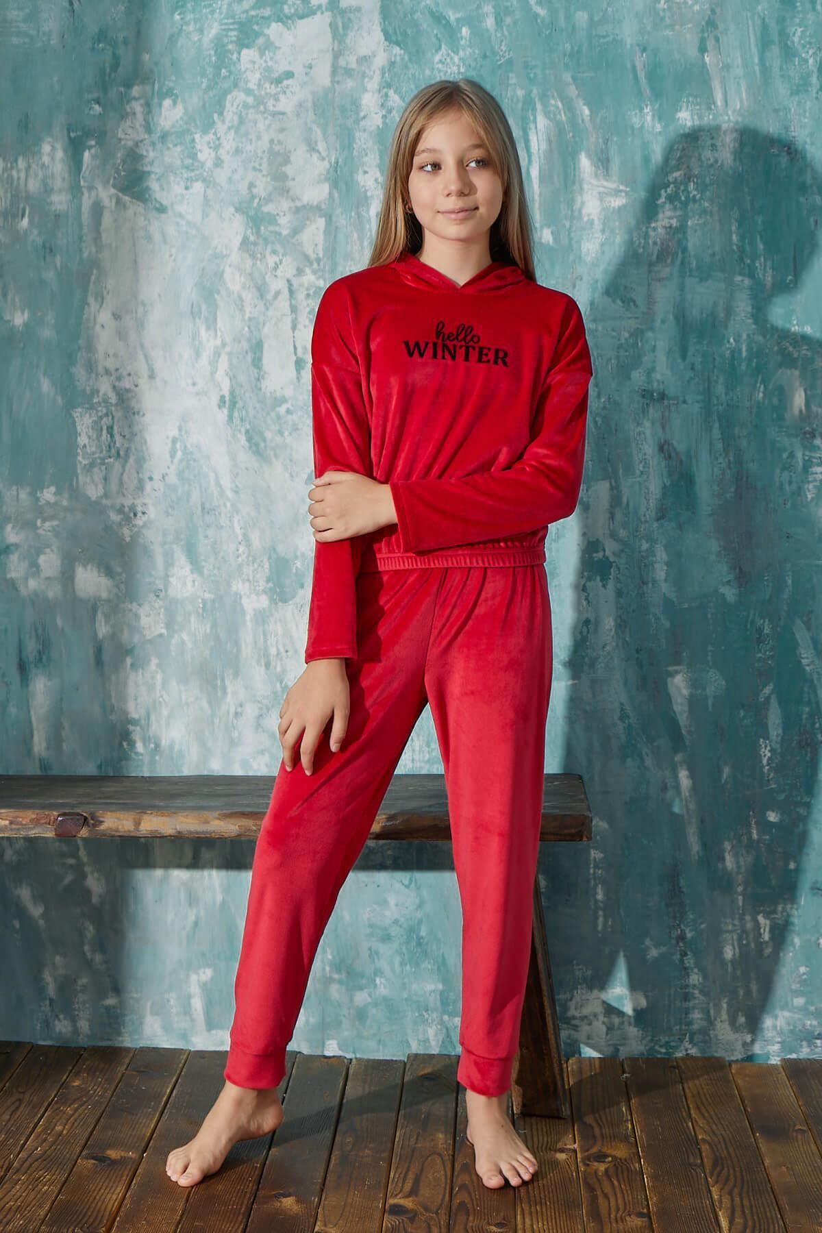 Pijamaevi-Rotes Winter-Pyjama-Set aus exklusivem Samt mit Muster für Mädchen 3