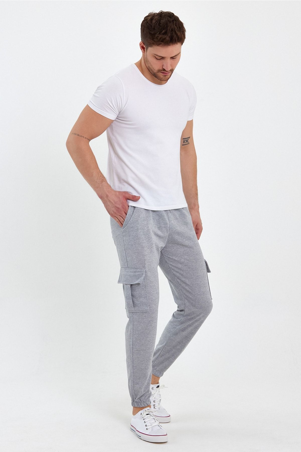 SURMARİ-Gray Unisex Cargo Pocket Sweatpants with Elastic Legs 4