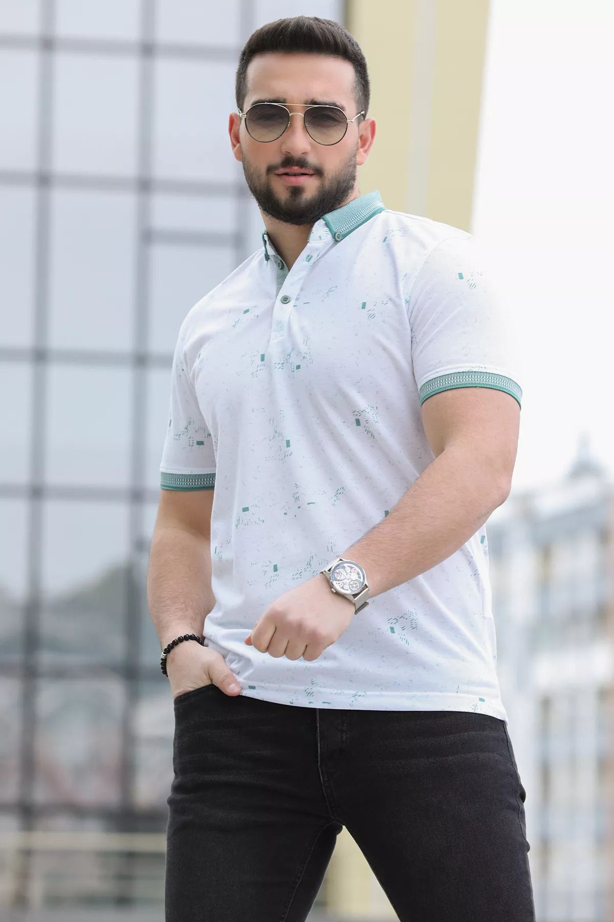 MİSHAR İTALİA Tricou Pentru Bărbați Cu Guler Polo Cu Jumătate De Nasture În Față Cu Mentă Albă Masculin - 2XL