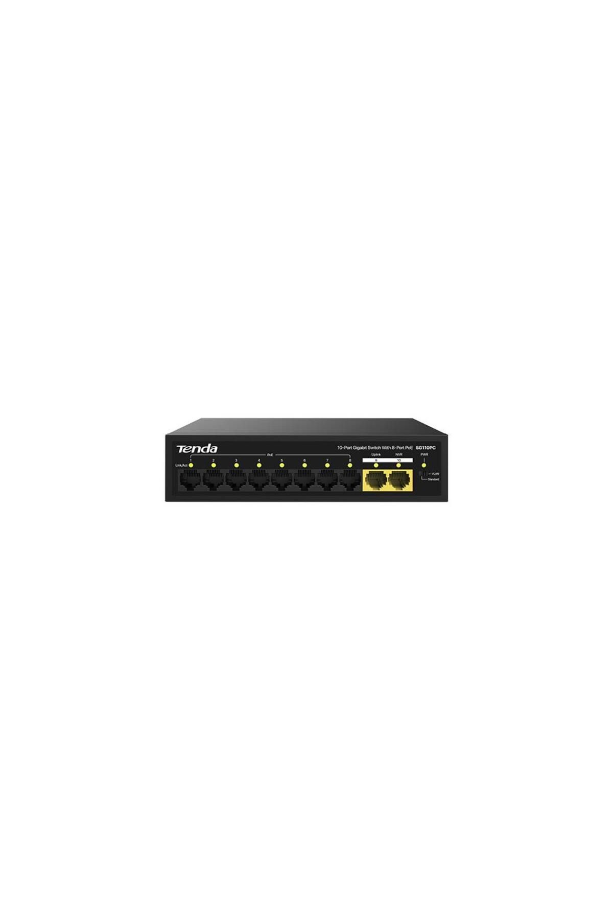 Vobotek Teknoloji Tenda SG110PC 10 Port 8 Port Poe+ 10-100-1000 Mbps + 2 Port Uplink Switch Çelik Kasa Rack Mount