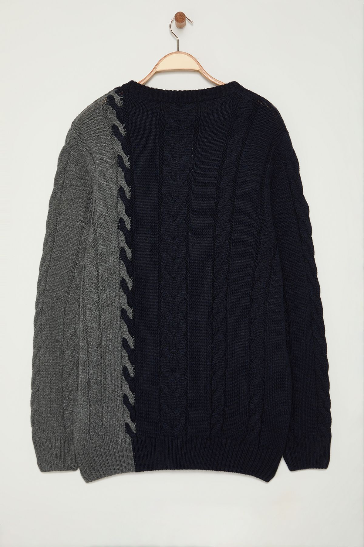 Trendyol Collection-Ανδρικό πλεκτό μπλε ναυτικό πλεκτό πουλόβερ μεγάλου μεγέθους - Crew λαιμόκοψη με έγχρωμο μπλοκ TMNAW25AN00006 7