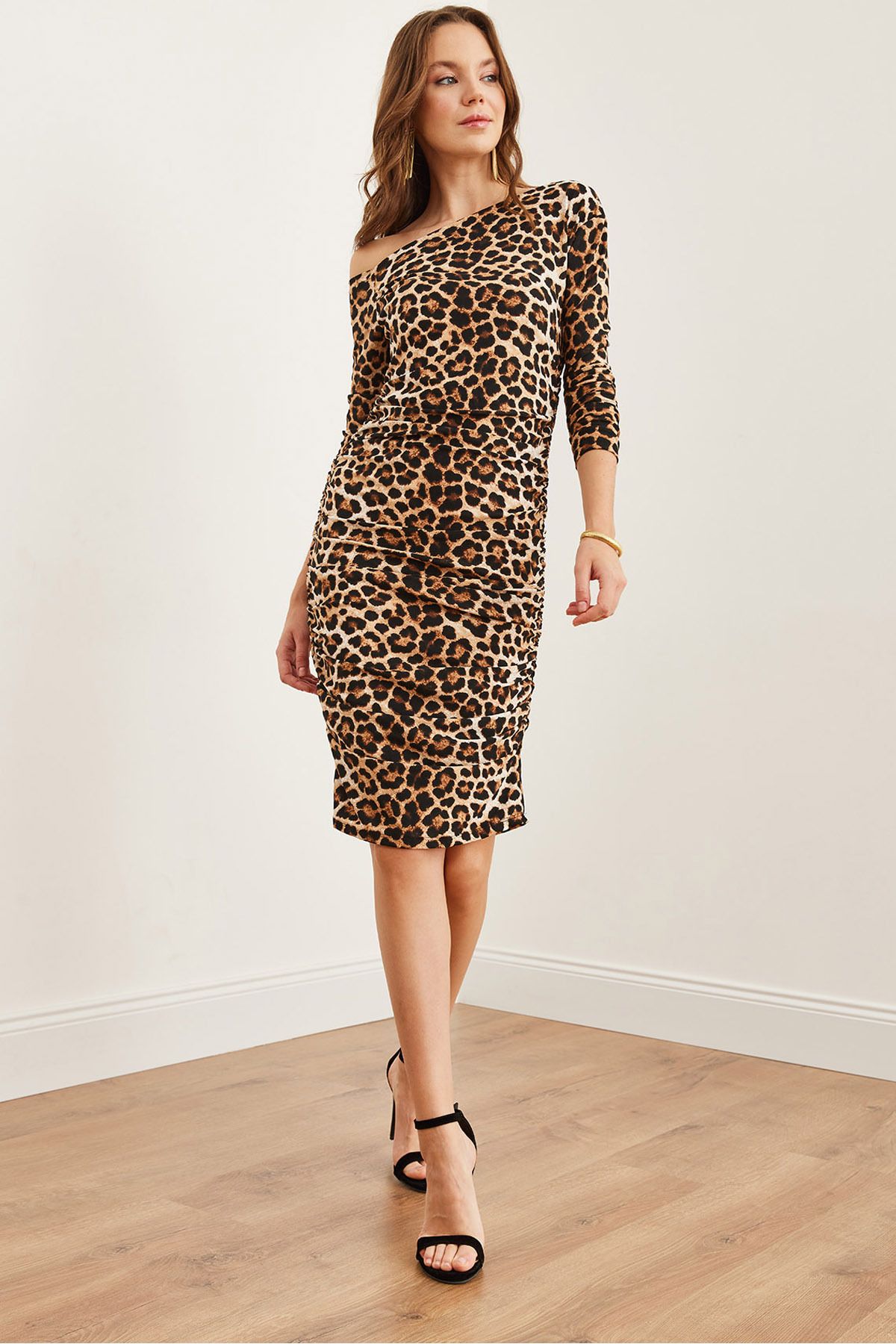 Kadın Leopar Taş Tek Omuz Drape Detayli Leopar Örme Elbise ELB-19002268