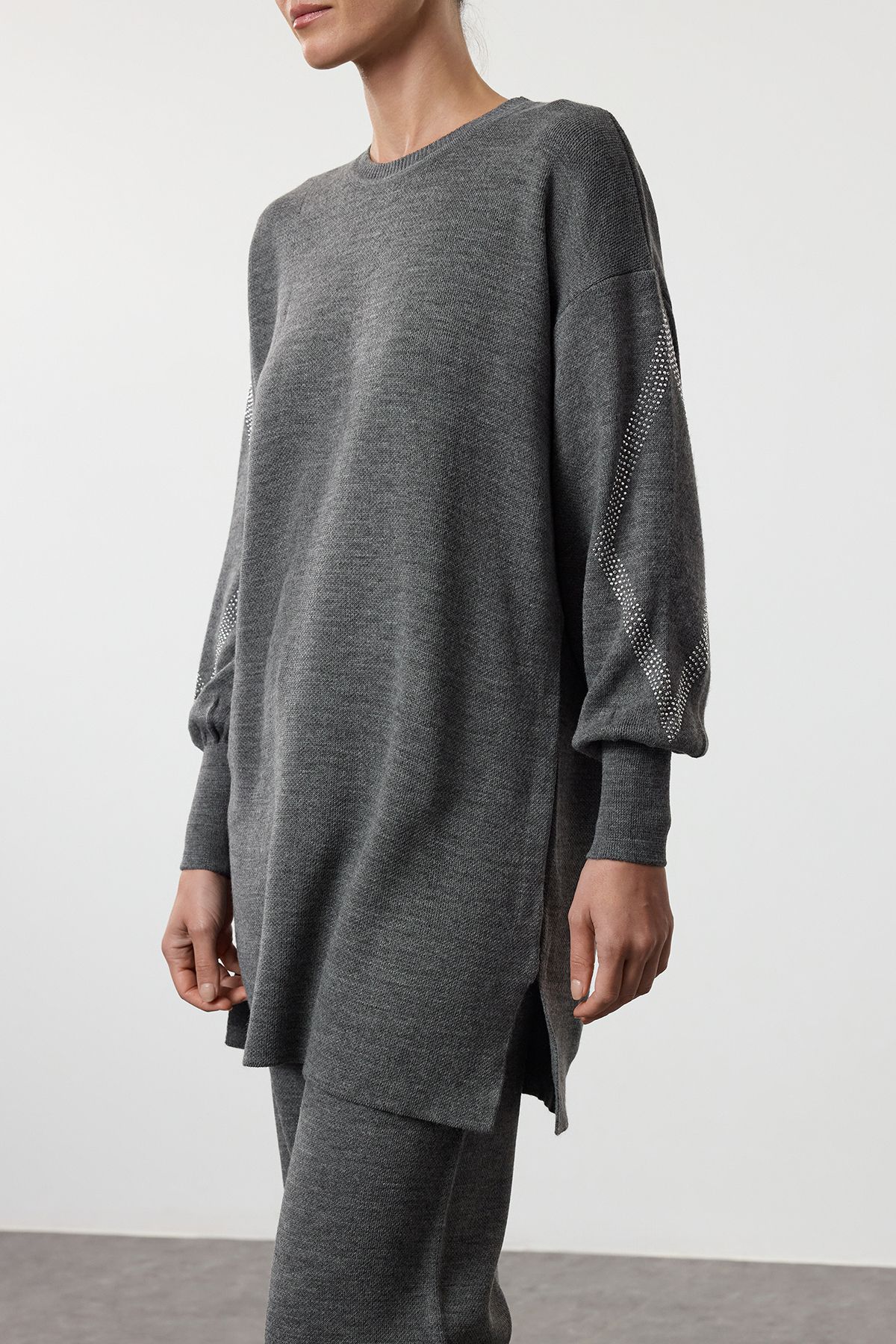 Edit by Trendyol-Anthracite Stone Embroidered Knitwear Sweater and Trousers Set - Tedaw25us00011 3